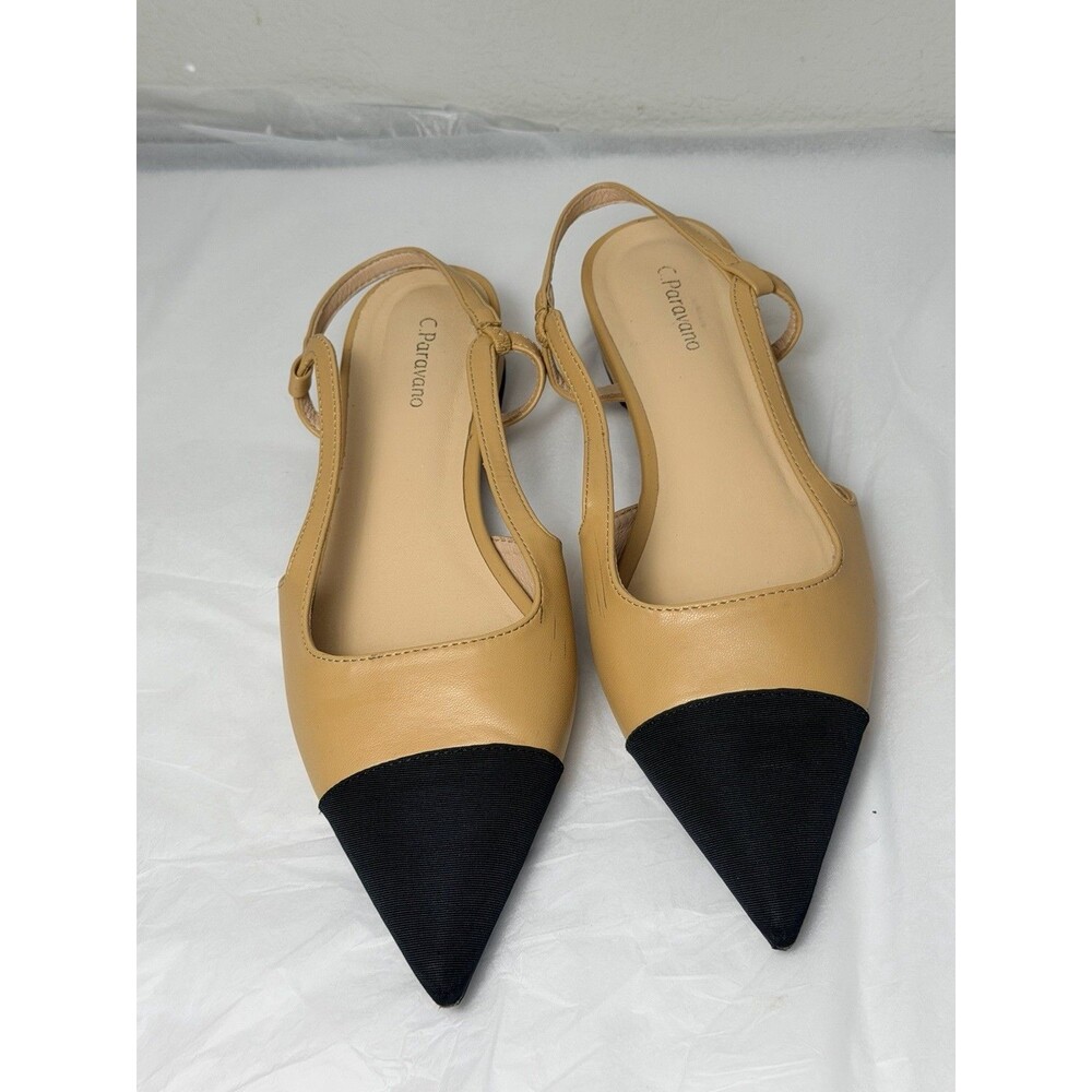 C.Paravano Cap-Toe Slingback Flats Beige Black Pointed Toe Shoes Size 41 US 10
